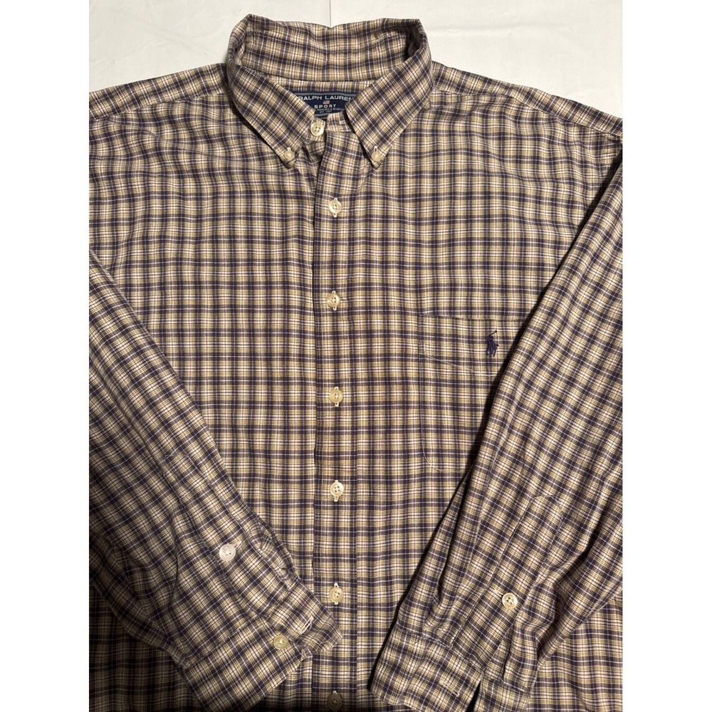 Ralph Lauren Sport Plaid Button Down Shirt Tan Navy Yellow 2X Big Vintage Cotton
